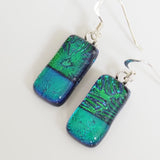 Emerald green with blue dichroic glass earrings