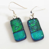 Emerald green with blue dichroic glass earrings