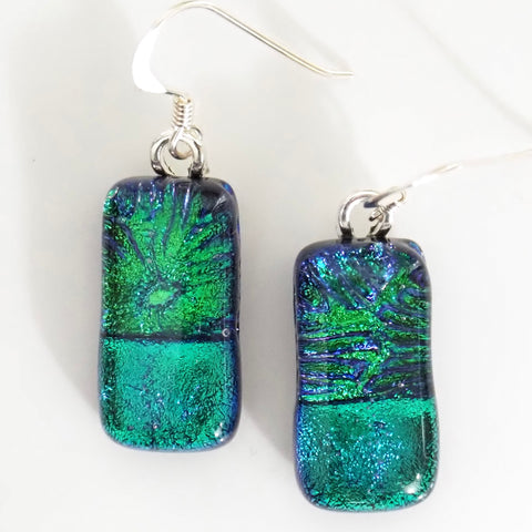 Emerald green with blue dichroic glass earrings
