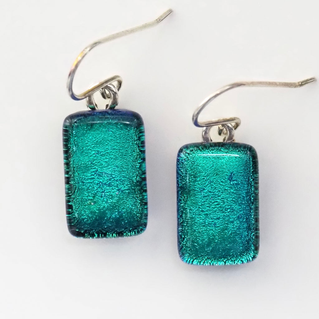 Emerald green peacock blue dichroic glass earrings