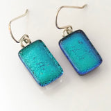 Emerald green peacock blue dichroic glass earrings