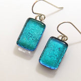 Emerald green peacock blue dichroic glass earrings