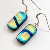 Orange navy and turquoise dichroic glass earrings