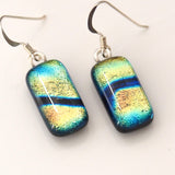 Orange navy and turquoise dichroic glass earrings