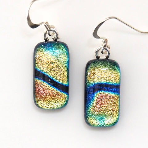 Orange navy and turquoise dichroic glass earrings