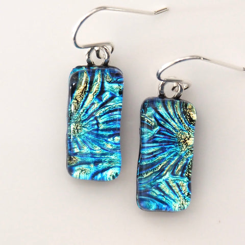 Turquoise blue and gold dichroic glass earrings