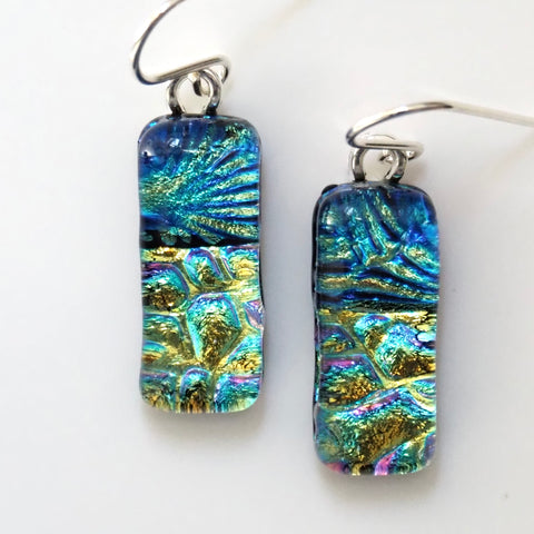 Turquoise gold and blue dichroic glass earrings