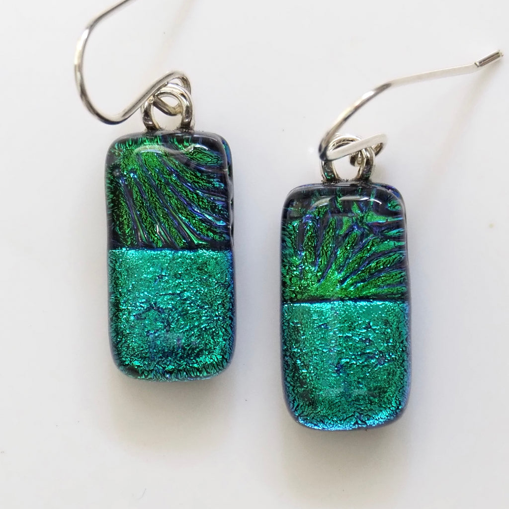 Green emerald peacock blue glass earrings
