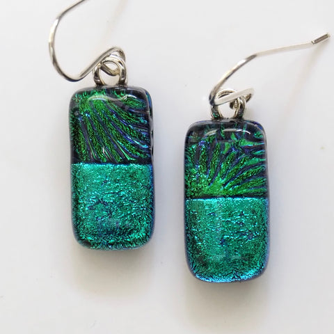 Green emerald peacock blue glass earrings