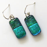 Emerald green with blue dichroic glass earrings
