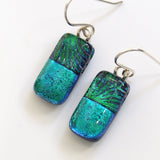 Emerald green with blue dichroic glass earrings