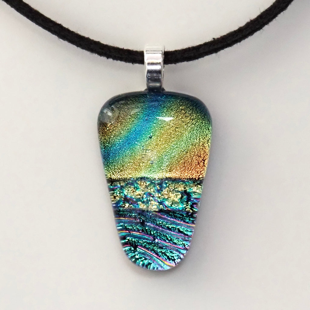 Yellow turquoise and pink dichroic glass pendant necklace
