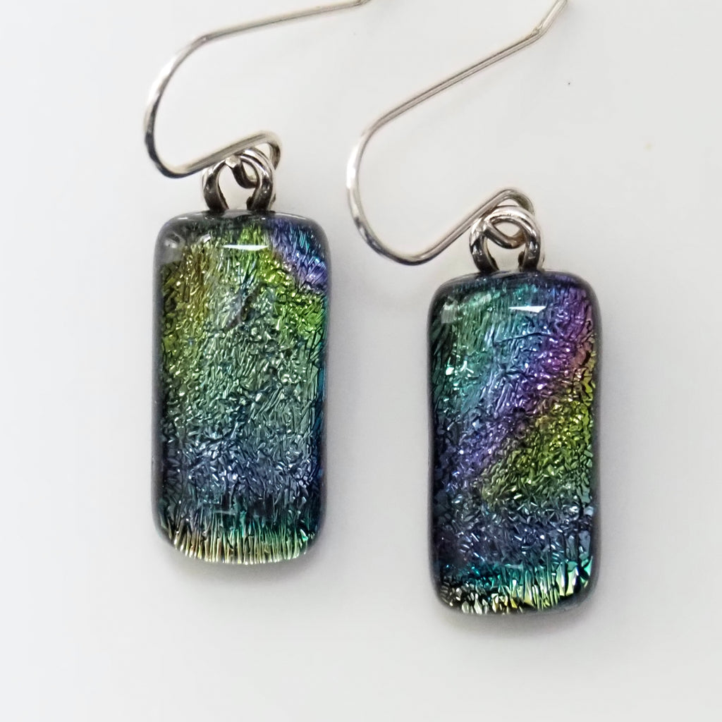 green and purple dichroic glass earrings