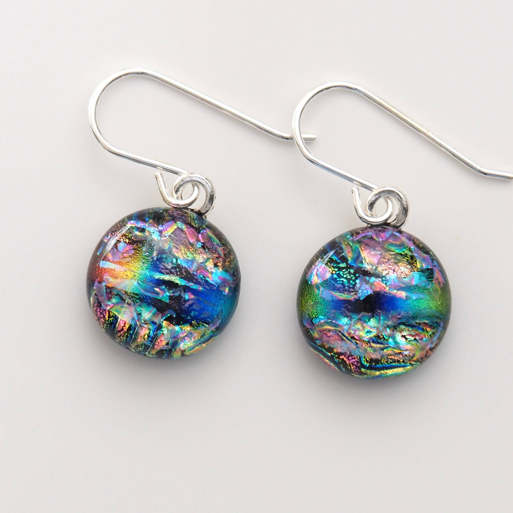 Multi-coloured round dichroic glass earrings - Reserved for Carolyn