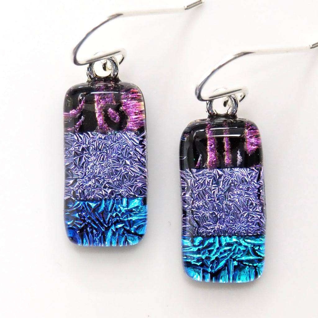 Pink purple blue dichroic glass earrings