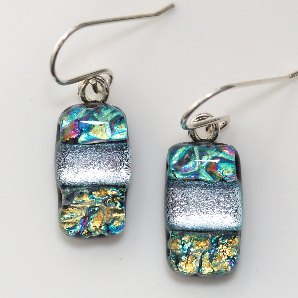 Light aqua pink and gold dichroic glass earrings