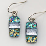 Light aqua pink and gold dichroic glass earrings