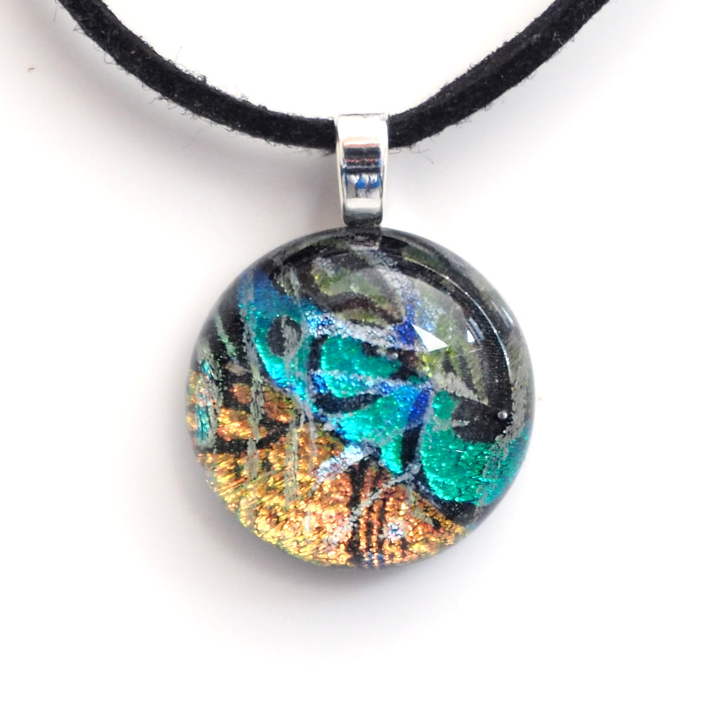 Turquoise gold and green dichroic glass pendant