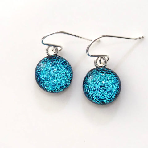 Turquoise blue sparkle round dichroic glass earrings RESERVED FOR CHARLOTTE
