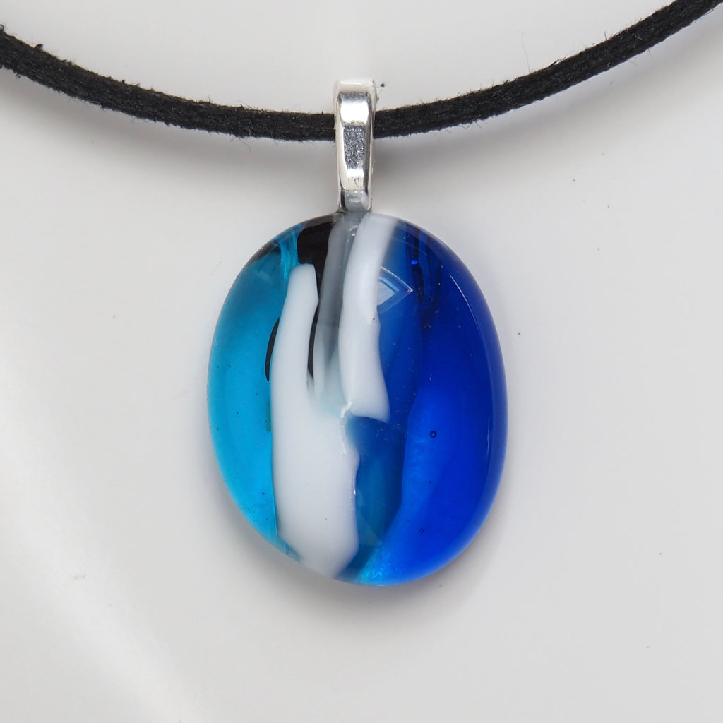 Royal blue and turquoise pebble style fused glass pendant