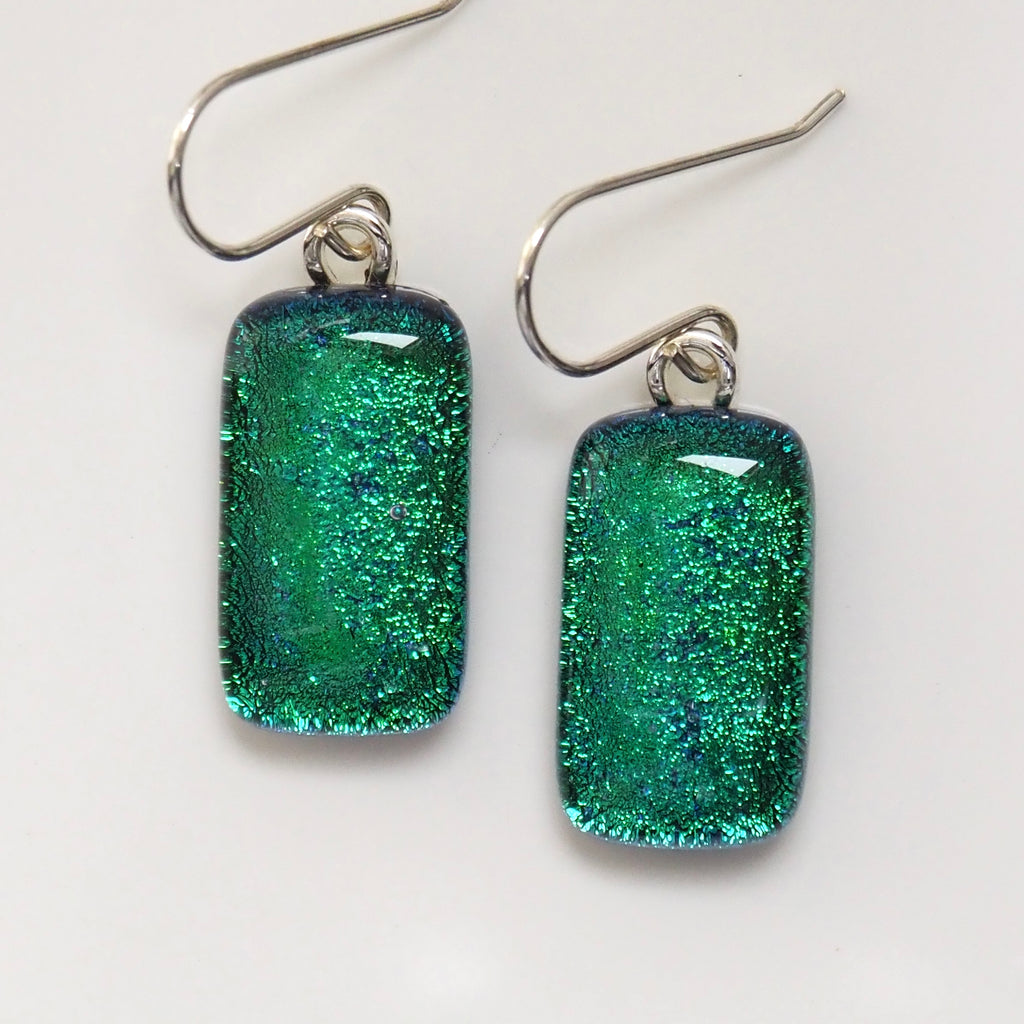 Emerald green peacock blue dichroic glass earrings