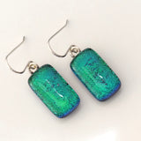 Emerald green peacock blue dichroic glass earrings