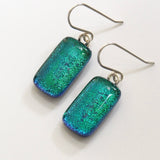 Emerald green peacock blue dichroic glass earrings
