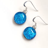 Deep turquoise blue sparkle round dichroic glass earrings