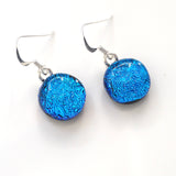 Deep turquoise blue sparkle round dichroic glass earrings