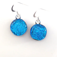 deep turquoise blue round dichroic glass earrings