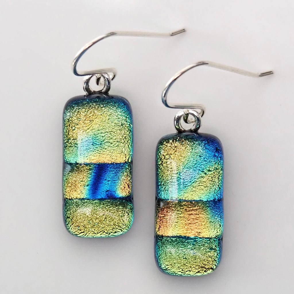 Gold turquoise royal blue fused glass earrings