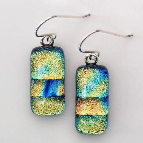 Gold turquoise royal blue fused glass earrings
