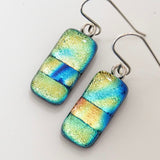 Gold turquoise royal blue fused glass earrings