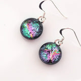 Green and pink round dichroic glass earrings