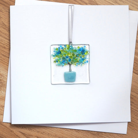 fused glass greetings card blue - blue tree in a pot
