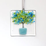 Blue tree in a pot glass greetings card