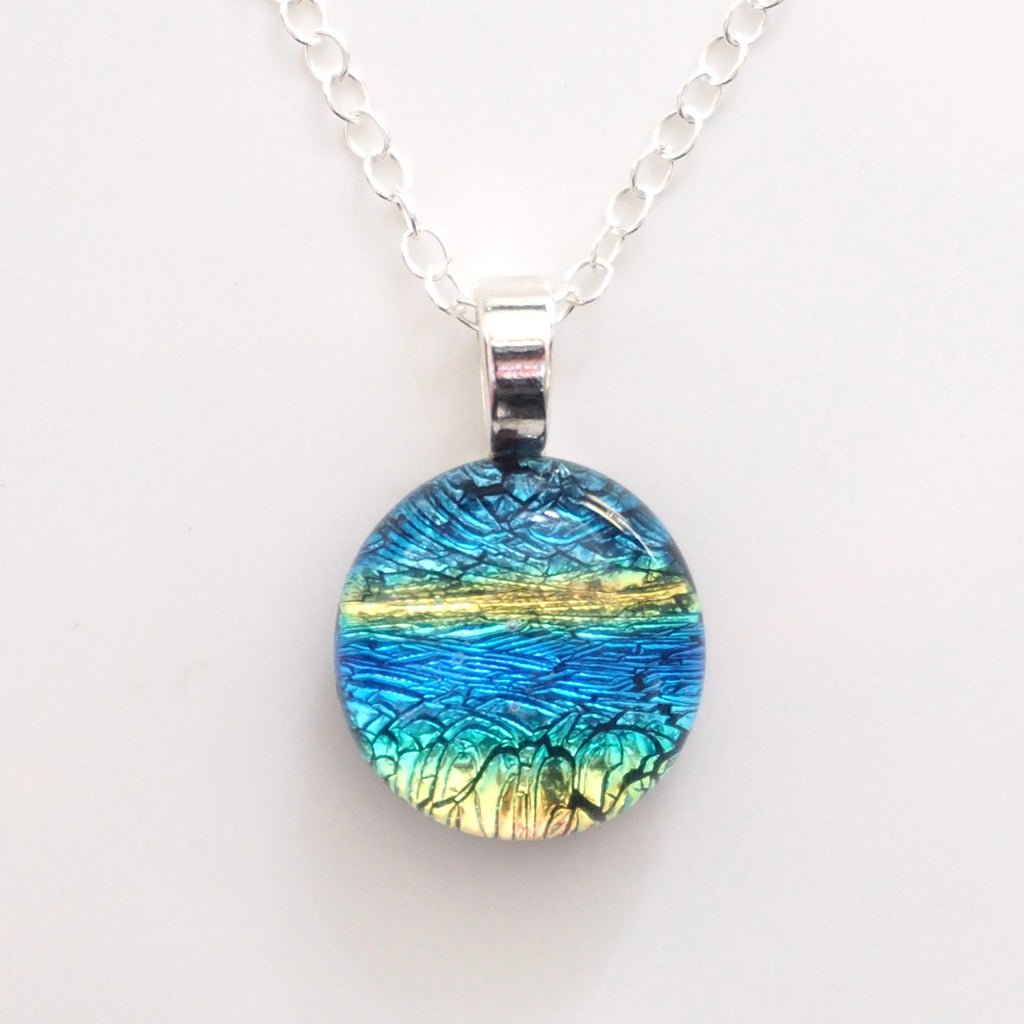 Blue and yellow mini fused dichroic glass pendant