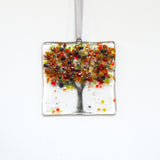 Red Acer autumn tree fused glass greetings card