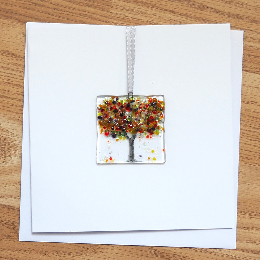 Red Acer autumn tree fused glass greetings card