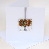 Red Acer autumn tree fused glass greetings card