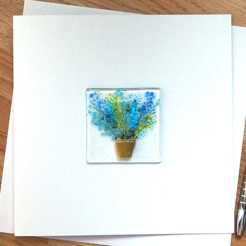 Vase of flowers blue green fused glass greetings card