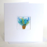 Vase of flowers blue green fused glass greetings card