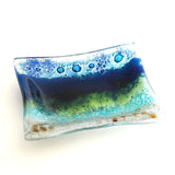 Seascape trinket dish, fused glass with enamels, bubble glass, beach scene soap dish.