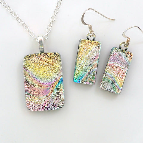 Pastel fused dichroic glass pendant and earrings jewellery set