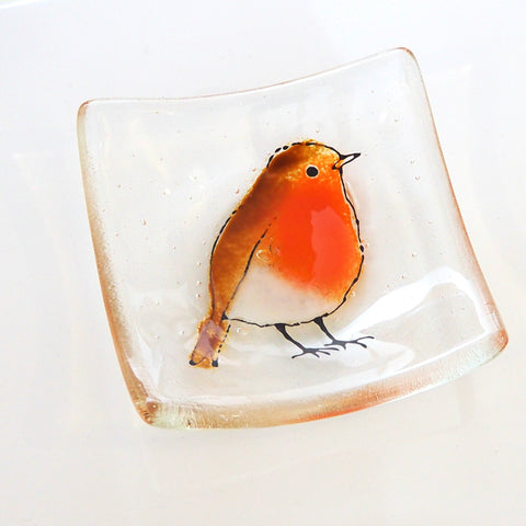 Fused glass trinket dish, handmade, robin design on clear glass, jewellery or soap dish.