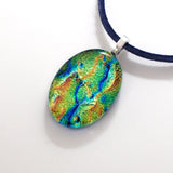 Green gold and blue oval fused glass pendant