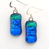 Blue and green dichroic glass drop earrings handmade in Sussex by Fired Creations.