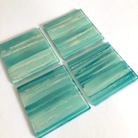 Aqua and silver fused glass drinks coasters - set of 4
