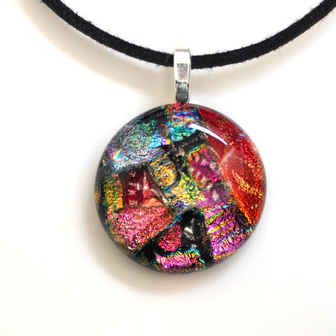 orange and pink round dichroic glass pendant necklace