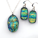 green and turquoise dichroic glass pendant and earring set